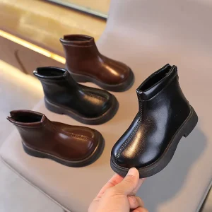 Pu Leather Children Booty Short Rubber Sole Winter Kids Safety Footwear Fashion New Design Black Girls Ankle Boots