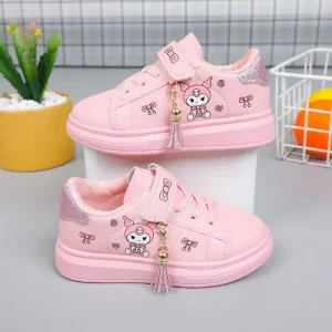 Pupils Soft Bottom Small White Girl Shoes New Four Seasons PU Sports Running Waterproof Non Slip Flat Rubber Midsole