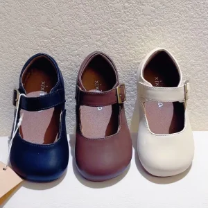 Pure Color Vintage Little Girl’s Leather Shoes School Kids Flats Children Square Neckline Mary Janes British Style