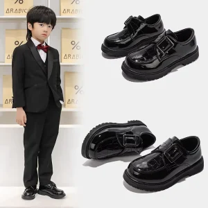 Quality China Fashion Glossy Children Causal School Flat Shoes Non Slip Black Leather Shoes for Boys