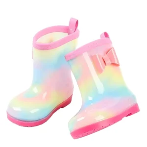 Rainbow Color Pink Warm Plus Light Weight Knee high Waterproof Portable Rain Boots Galoshes Kids Plastic PVC Rubber Wellington