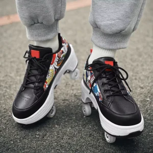 Retractable 4-Wheel Roller Skate Shoes Black PU Leather Graffiti Sneakers for Outdoor Sports Daily Use