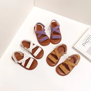 Retro Design Summer Children PU Flat Shoes Soft Sole Princess Baby Girls Sandals