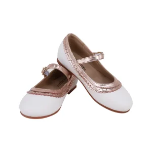 Rose Gold Scalloped Perforated Edge Children Shoes Classic White Genuine Leather Mary Jane Girls Shoes