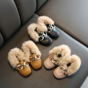 Rubber Soft Sole Casual Winter Plush Kids Leather Loafers Pu Fashion Flat Girls Loafers Shoes for Kids