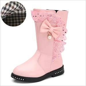 S002 Kids Bow-knot Boots Girls Winter Bridesmaid Warm Knee Leather Birthday Party Boots