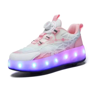 SEVEN Kids LED Sports Four Wheels Flashing Roller Shoes with USB Charge Pink Black Colors for Adults
