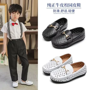 School Children’s Shoes Summer Genuine Leather Hollow Out Boys British Style Baby Slip on Breathable Low top Soft Bottom