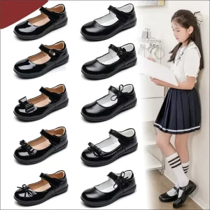 School Girls Genuine Leather Black Shoes for School Kids Uniform