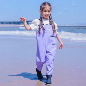 Senshuo Custom Logo Printable Kids Purple Cartoon Cat Waterproof Waders PVC Bootfoot Waders For Toddler Beach And Puddle Play