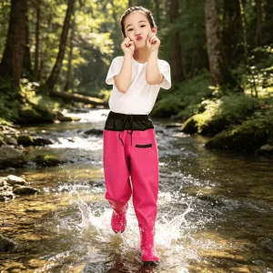 Senshuo OEM Customized Kids Drawstring Waist PVC Waders Zipper Side Pocket Bootfoot Waders For Kids Shallow Creek Activities