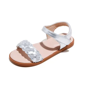 Silver Braided Glitter Toddler Sandals PU Leather Kids Girls Casual Summer Flat Shoes with Hook & Loop Closure and TPR Outsole