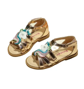 Silver Girls Flat Cartoon Summer Fashion Open Toe Back Strap Lighted Sandals Children’s Outdoor Shoes