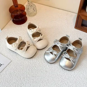 Silver Princess Leather Dance Flats for Toddler Girls Soft Sole Daily Performance Shoes