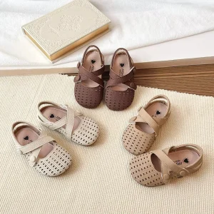 Skin Friendly Gentle Comfort Perforated Closed Toe Cross Strap Flat Sandals for Toddler Kids Girls Daily Casual Outdoor Wear