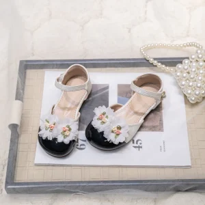 Skin Friendly Kids Girls Ankle Strap Flats With Floral Decor Closed Toe Shoes for Party Wedding Daily Wear