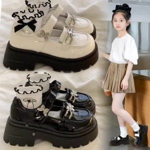 Small MOQ Girls School Uniform Shoes Black Kids Bowknot School Shoes in Stock