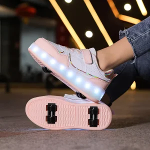 Sneakers with Detachable 4 Wheels for Kids Rechargeable Light up Comfortable Sports Shoes for Daily Wear Children Roller Shoes