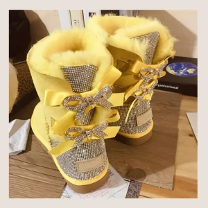 Snow Boots Fashion Ladies Sheepskin Kids Women Winter Snow Ribbon Fur Boots with Bows Anti skid Sheepskin Snow Boots