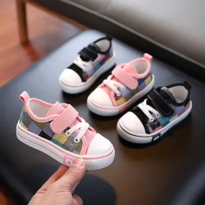 Soft Baby Boy Sneakers Pink Female Girls Canvas Shoes Check Pattern Children’s Sports Shoes