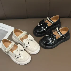 Soft Bottom New Girls’ Korean Pearl Bow Princess Casual Mary Jane Flats Leather Princess Shoes