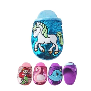 Soft Plush Women Kids Glitter Sequin Shoes Unicorn Indoor Slippers Flip Flop