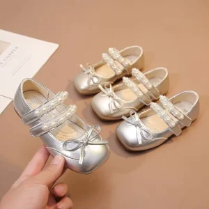 Soft Princess Style Girl Kids Shoes with Pearl Straps Bow for Party Wedding Daily Occasions