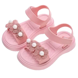 Soft Shoes for Kids Princess Breathable Popular Non Slip Cute Sandals Flat Beach Children’s Girls Fashion Flower Pearl Sandal
