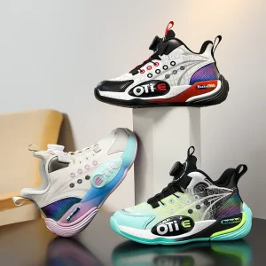 Soft Sole Running Basketball Mesh Kids Sport Shoes with EVA Upper and PVC Midsole for Big Boys and Girls Rotating Buckle