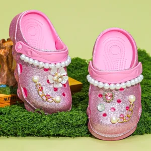 Sparkling Glitter Princess Clogs for Kids Pearl Gem Decorated EVA Sandals with Heel Strap for Casual Party Wear CPC Certified