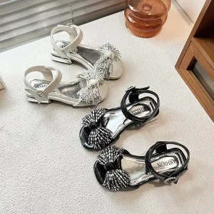 Sparkly Rhinestone Bow Low Heel Open Toe Kids Girls Sandals With Convenient Magic Strap for Daily Wear Party Occasions