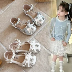 Sparkly Rhinestone Pearl Decor Kids Girls Flat Sandals With Secure Ankle Strap Ideal for Party Wedding Daily Wear Toddler