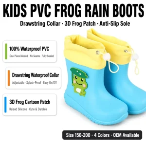 Splash Proof Sealed Drawstring Cuff Toddler Rain Boots Adjustable Toggle Lock PVC Anti Slip Kids Puddle Boots OEM Custom