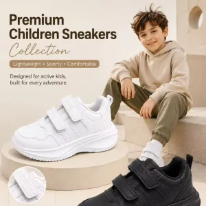 Sporty Breathable PU Leather Sneakers for Kids Lightweight EVA Sole Flexible Support Velcro Closure for School and Playground