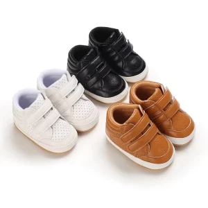 Spring Autumn 0-1 Year Old Fashion Leather Baby Boy Flats Toddler Shoes with Velcro Closure Anti-slip Wear-Resistant Solid Color