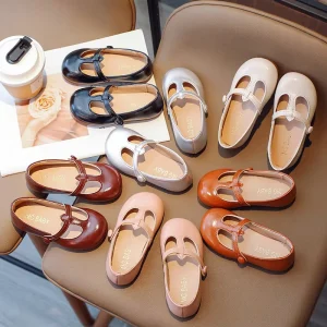 Spring Autumn Baby Toddler Round Toe Girls Vintage T-Strap Flats Little Kids Leather Children Shoes