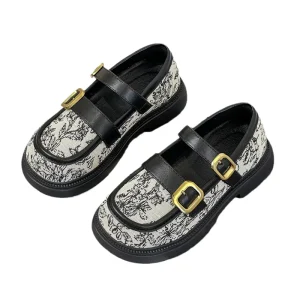 Spring Autumn Children Hook & Loop Soft soled Flats Loafer Kids’ Microfiber Print Black White Princess