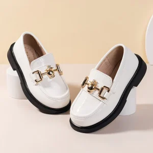 Spring Autumn Fashion Style Solid Color Black Girl White Leather School Kids Shoes for Dress