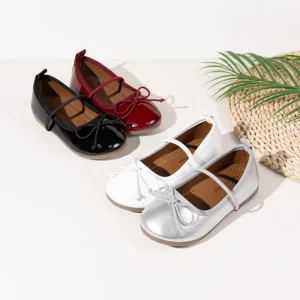 Spring Autumn Girls Princess Leather Shoes Glossy PU Bowknot Children’s Flats New Kids Casual Ballet Loafers Soft Bottom