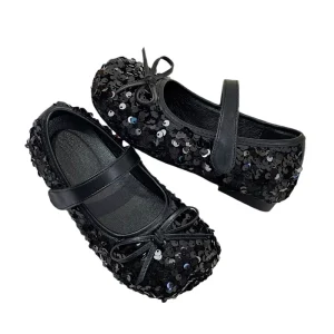 Spring Autumn Kids Fashion Mary Jane Dress Dance Ballet Flats Toddler Glitter Moccasin Soft Sole Girls’ Sequin Bow Flats Shoes