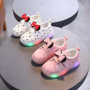 Spring Autumn New Led Light Sports Shoes Bowknot Polka Dot Casual Sneakers for Baby Kids