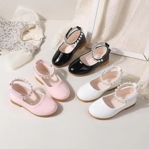 Spring Autumn New Style Pearl Bowknot Girls Princess Shoes Ankle Solid Color Children’s Soft Sole Non Slip Pu Shoes