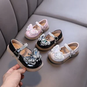 Spring Autumn Sweet Children Wear Soft Sole Butterfly Crystal Princess Baby Girl Dress Shoes
