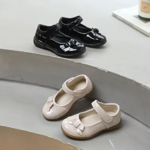 Spring Children’s Leather Shoes Girls Bowknot Performance Flats Ankle Soft Sole PU Lining Fashionable Princess Shoes