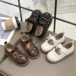 Spring Kids Outwear PU Pearl Bow Party Princess Girls Dress Shoes