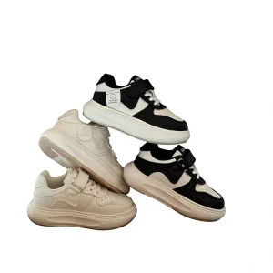 Spring New Kids’ Black White Simple Casual Skate Shoes Breathable Non Slip Velcro Closure Lightweight Platform Sneakers