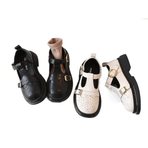 Spring New Kids Girls’ Leather Shoes Simple T-shaped Children’s Soft Soles Student Performance Shoes Boy’s Flat Leather Shoes