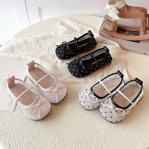 Spring New Korean Style Girls Polka Dot Mesh Princess Shoes Bowknot Flat Shoes with Elastic Band for Toddler Girls