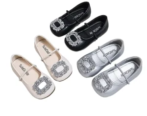 Spring New Little Girl’s Dress Shoes Children’s Crystal Slip on Soft Sole Temperament Square Toe Ballet Dress Shoes