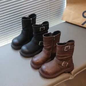 Spring New Retro Mid Top Buckle Strap Boots Fashionable Boots Thick Soled Princess Casual Shoes